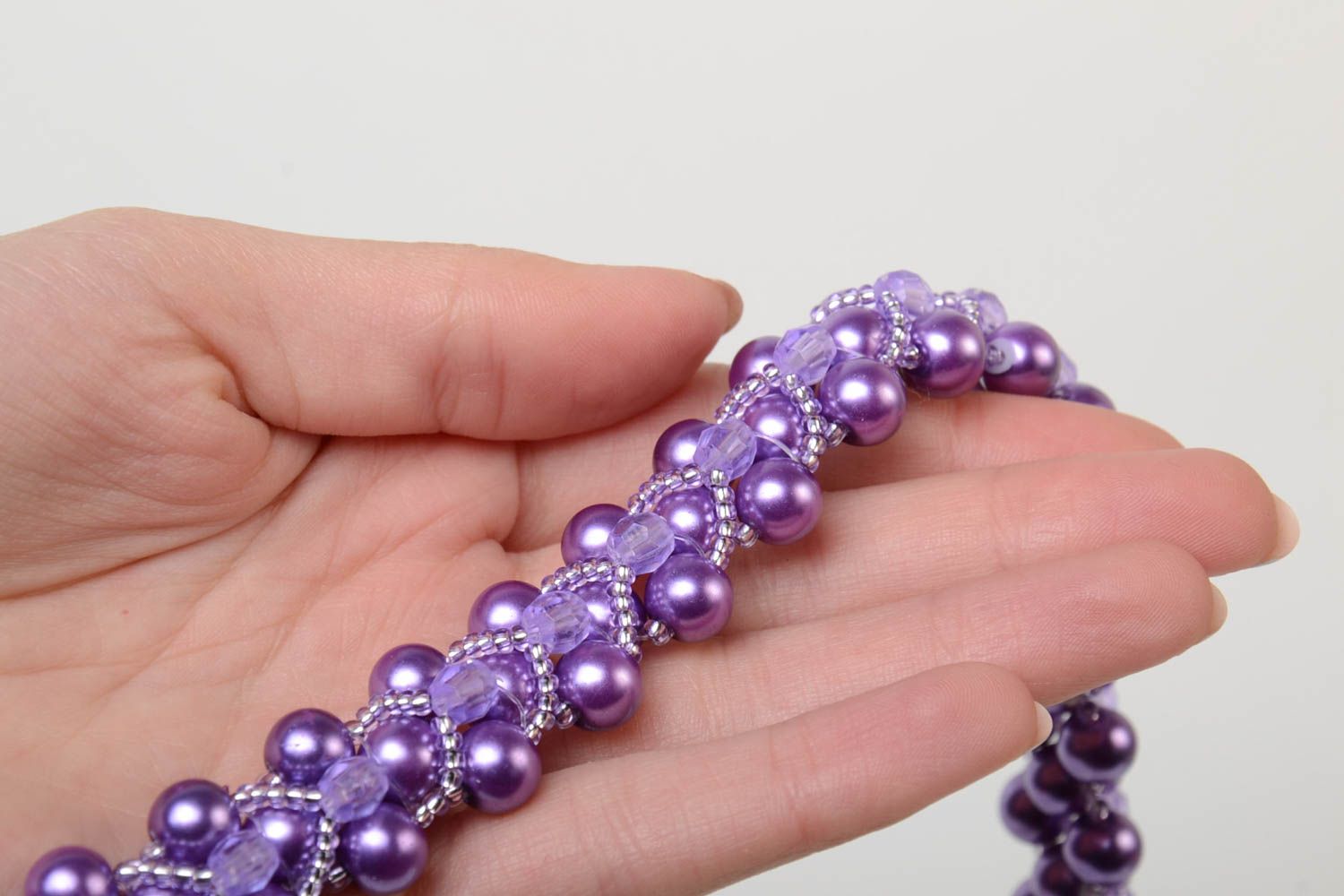 Beautiful gentle handmade designer beaded necklace of lilac color photo 5