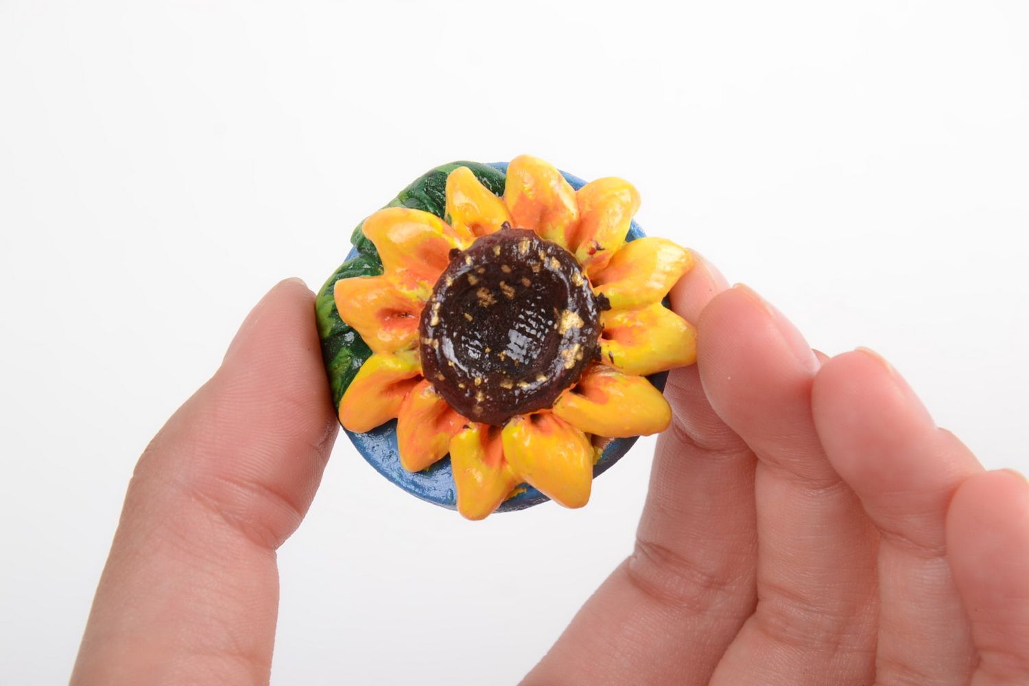 Bunter bemalter runder Keramik Kühlschrank Magnet handmade Sonnenblume foto 3