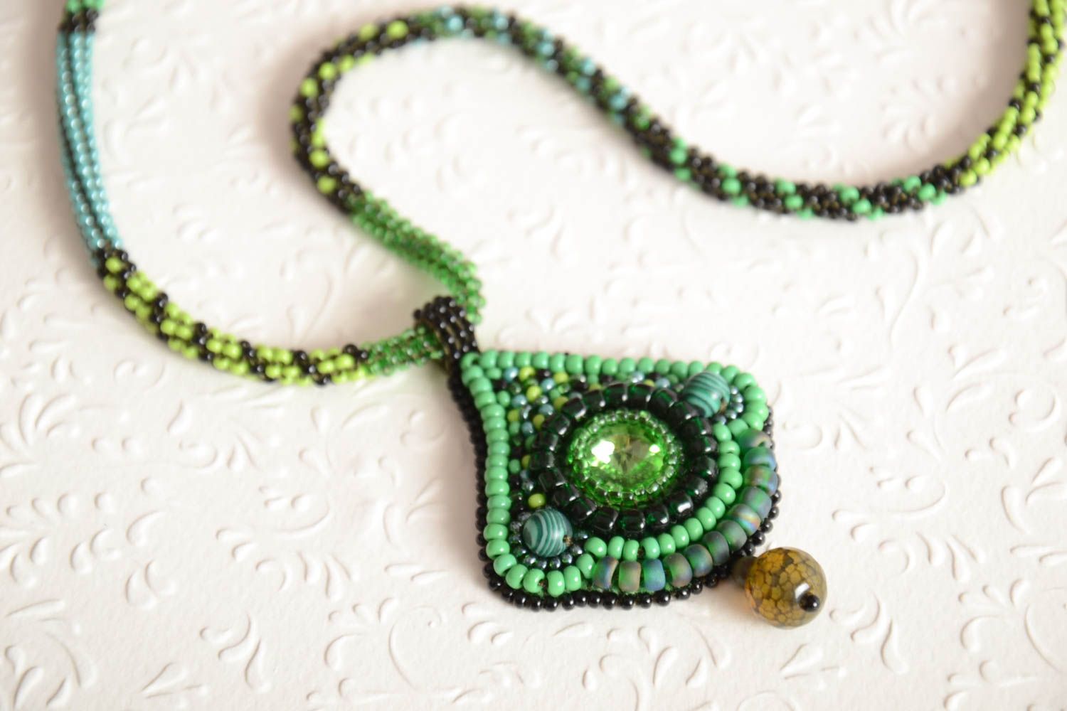 Handmade green pendant unusual female present beaded pendant for women photo 1