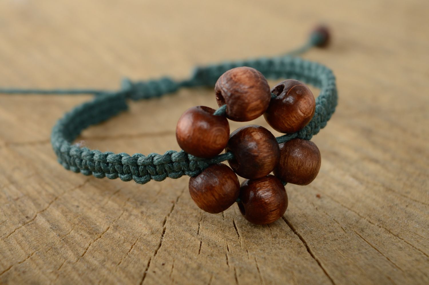 Macrame waxed cord bracelet with wooden beads photo 1