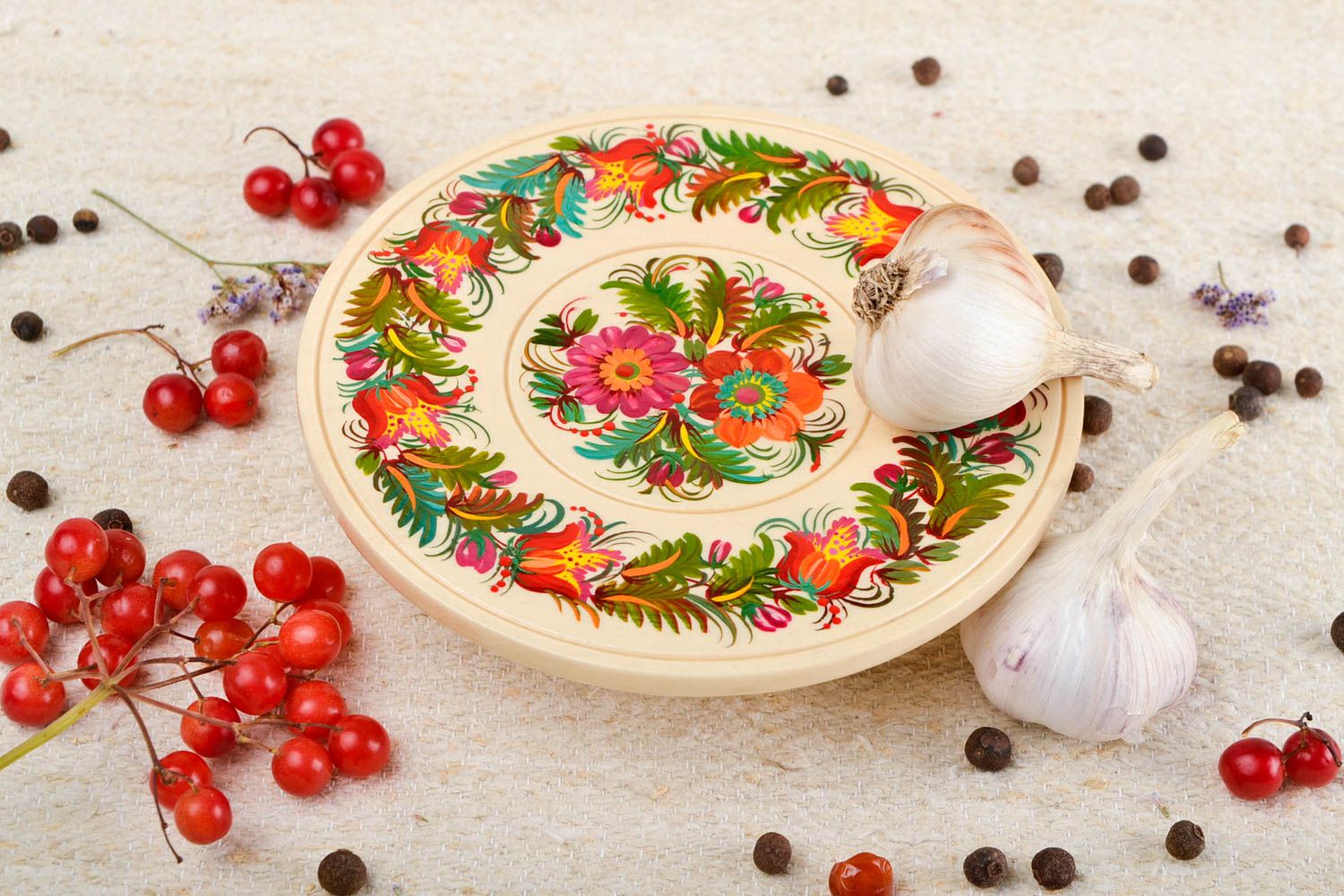 Декор на стену хэнд мэйд круглая декоративная тарелка расписная посуда Цветы фото 1