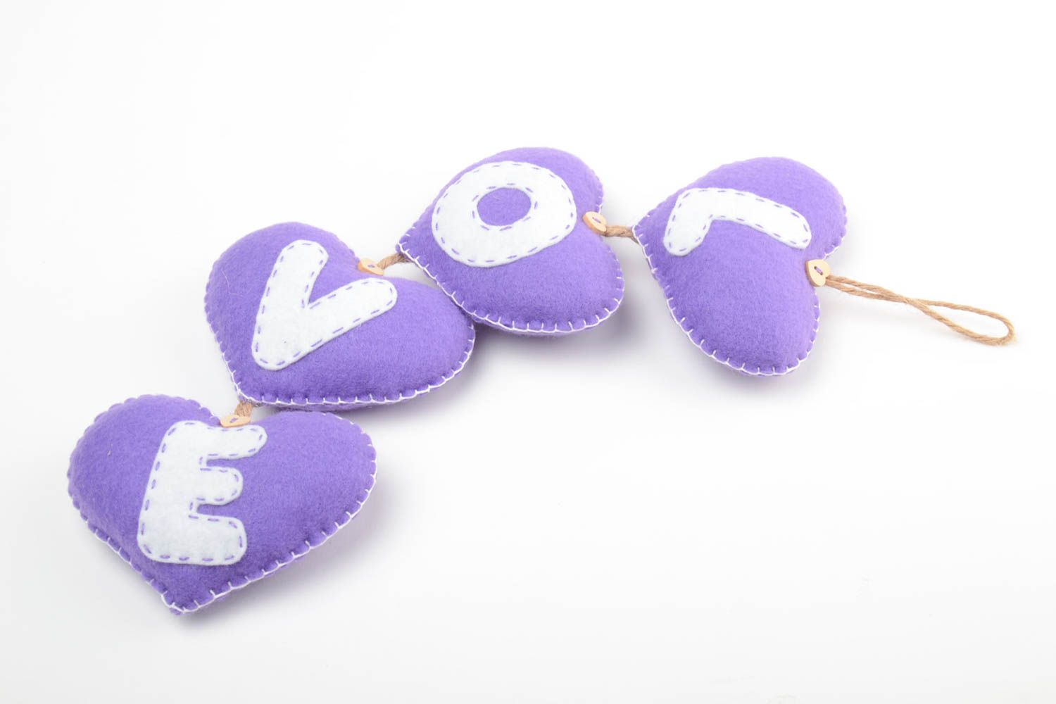 Handmade designer interior garland with soft violet felt fabric hearts Love photo 2
