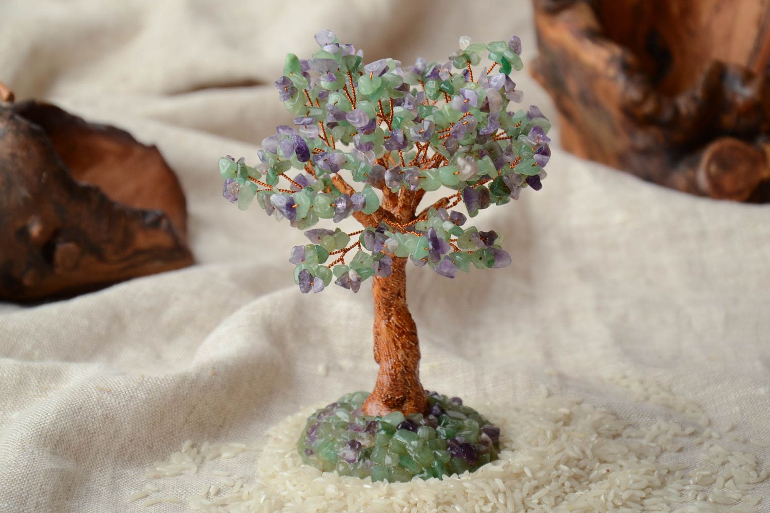 Decorative bonsai tree with natural amethyst and nephrite stones photo 1