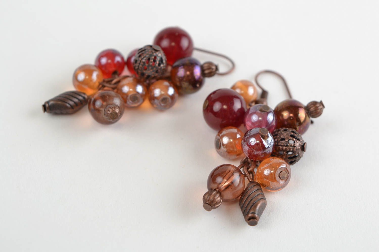 Handmade designer dangling earrings with coral and glass beads brown stylish photo 5