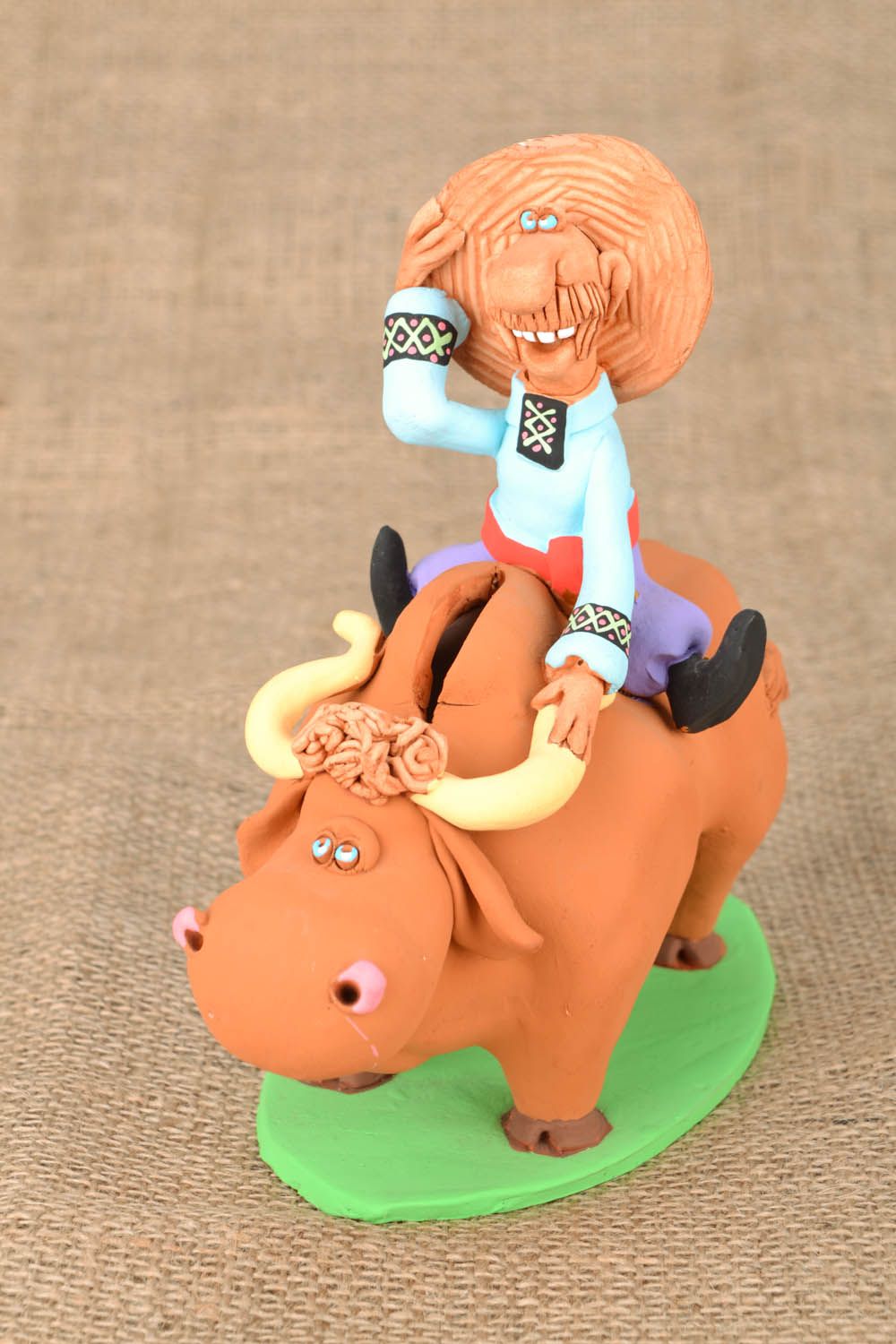 Homemade ceramic money box Cossack Riding a Bull photo 1