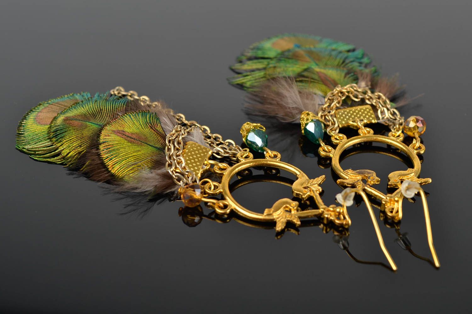 Stylish peacock feather earrings handmade designer bijouterie unique present photo 1