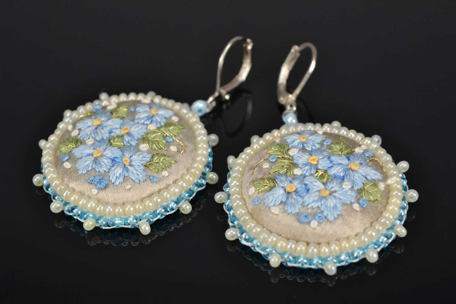 Round earrings with embroidery and seed beads photo 1