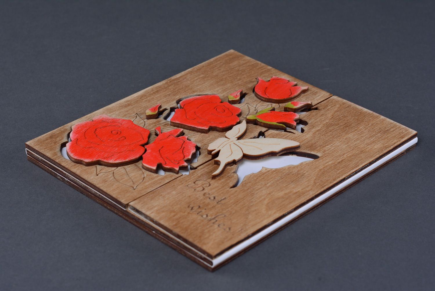 Carte de voeux en bois faite main originale avec roses et miroir Best wishes photo 2