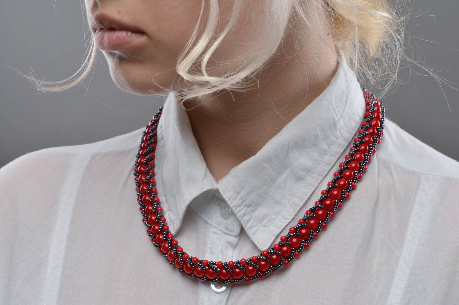 Beaded necklace red woven accessory handmade female jewelry present for friend photo 5