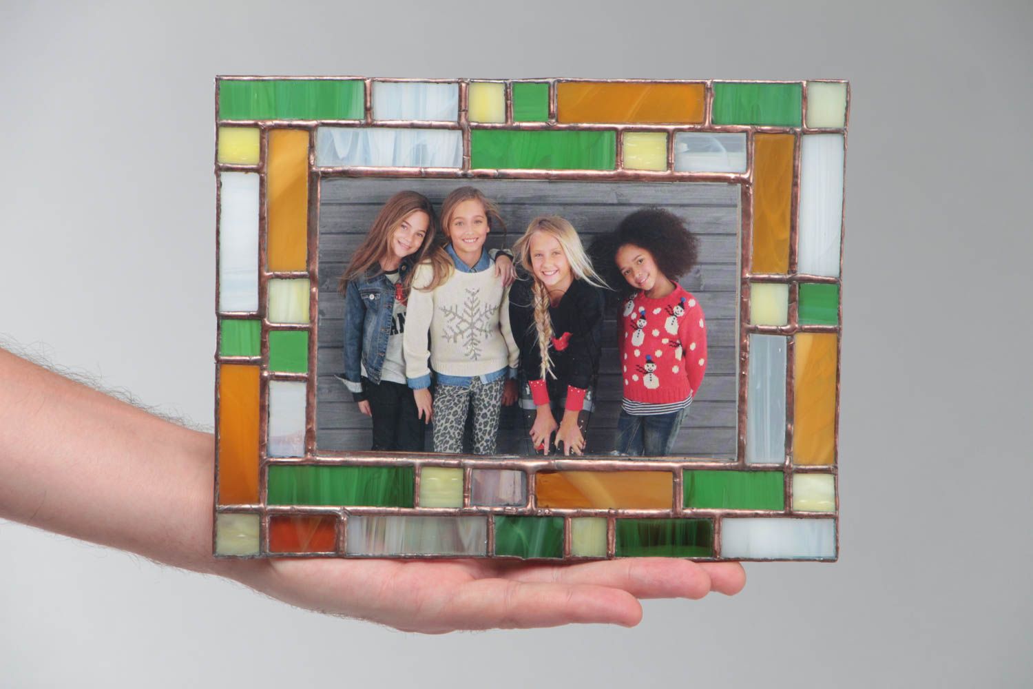 Handmade decorative stained glass photo frame in green and yellow color palette photo 5