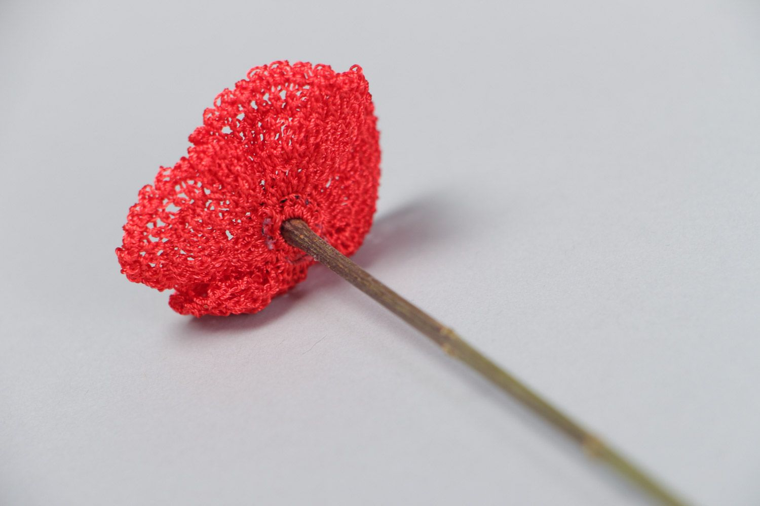 Handmade beautiful crochet flower red poppy for home interior photo 4