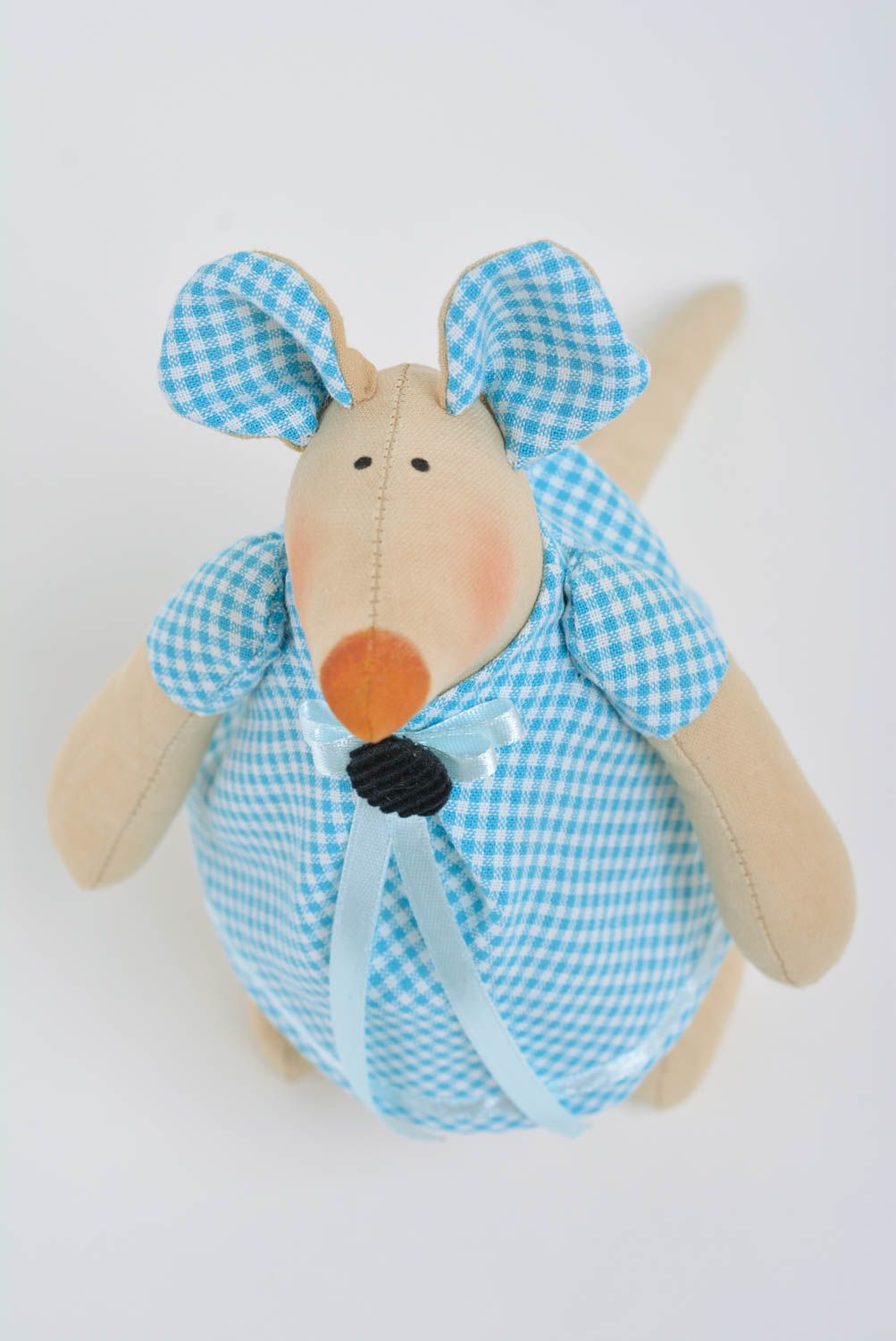 Soft toy mouse in blue dress beautiful handmade fabric toy for home decor photo 1