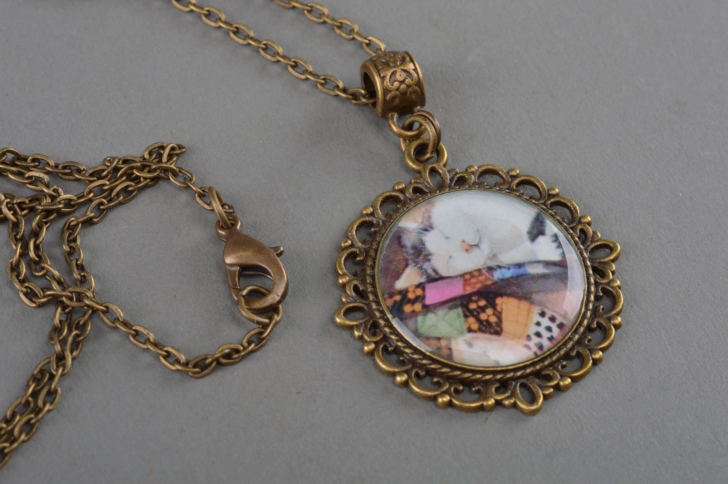 Handmade designer pendant with print made using decoupage technique on long chain photo 2