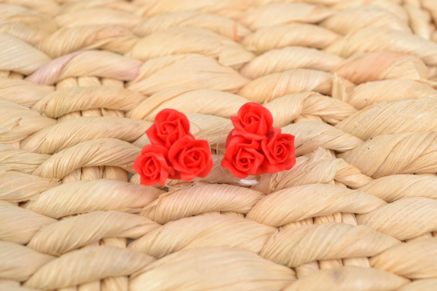 Cute tiny handmade stud earrings with beautiful polymer clay red roses  photo 1