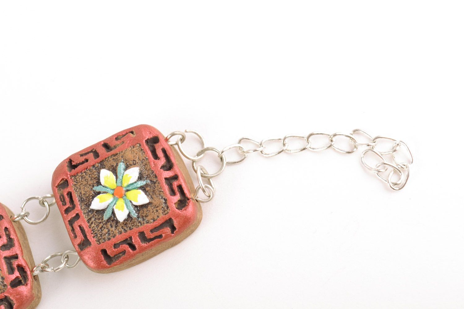 Handmade clay bracelet with square details painted with acrylics photo 2