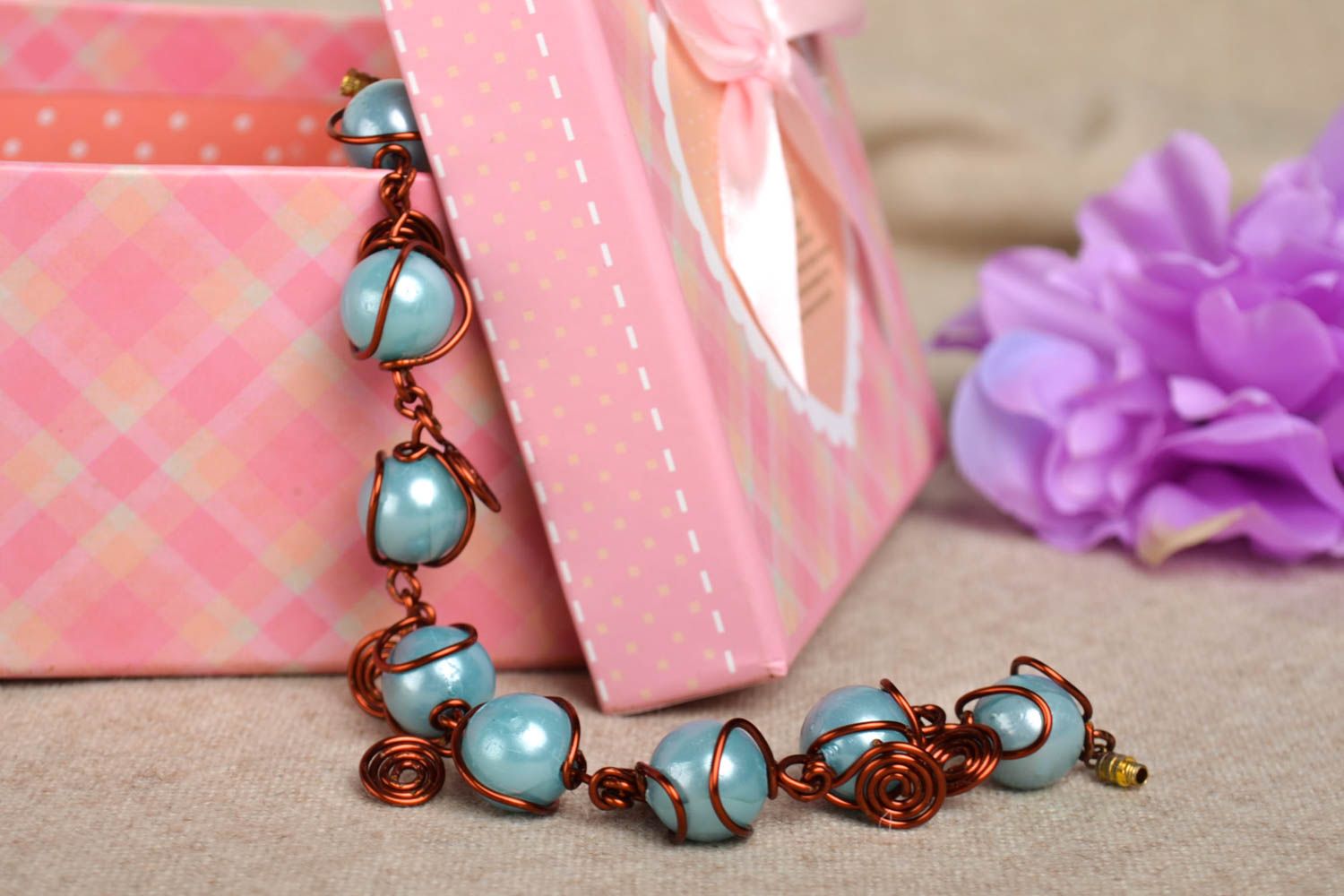 Light blue beads chain wire bracelet for women photo 1