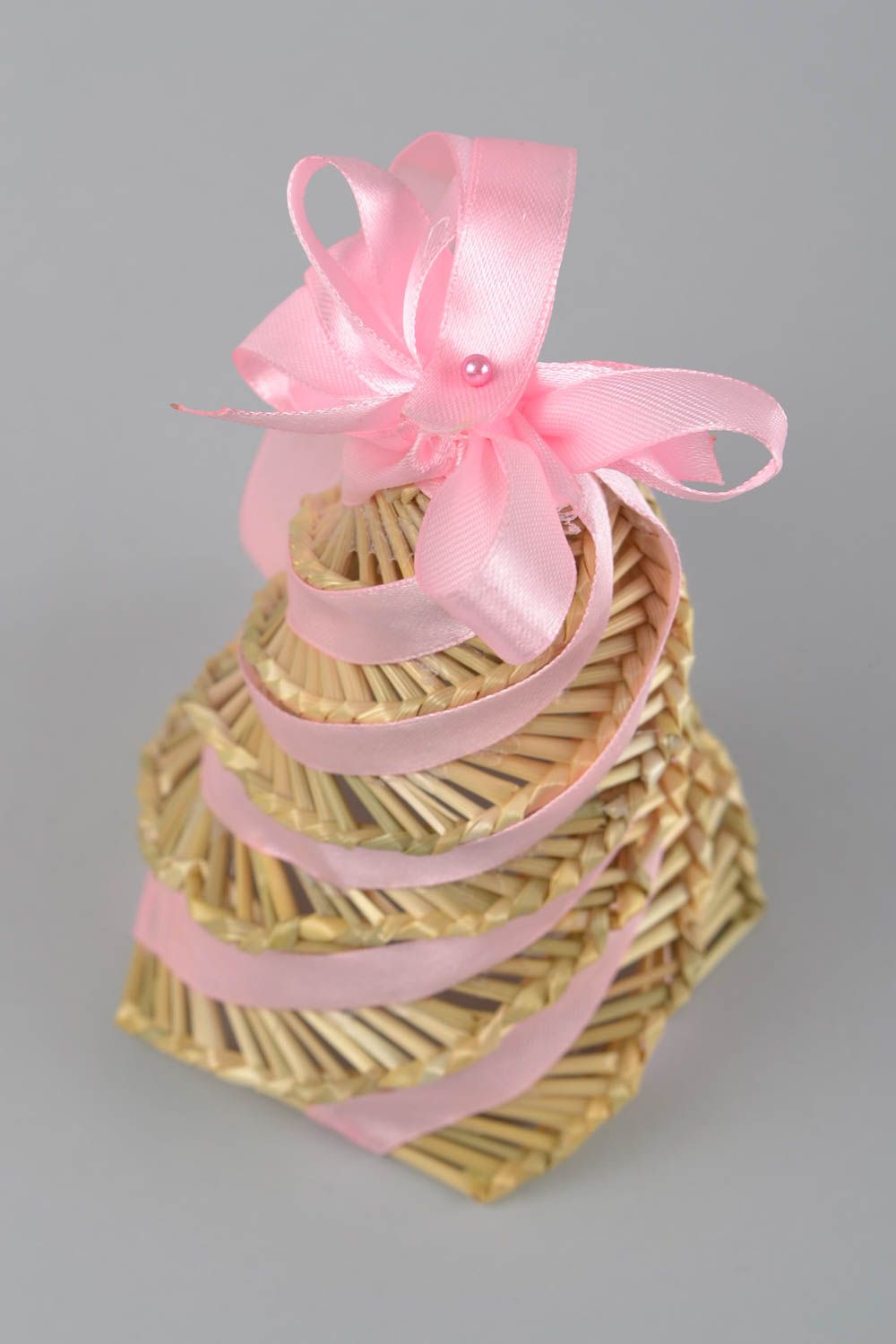 Handmade beautiful woven bell made of straw on satin ribbon photo 2