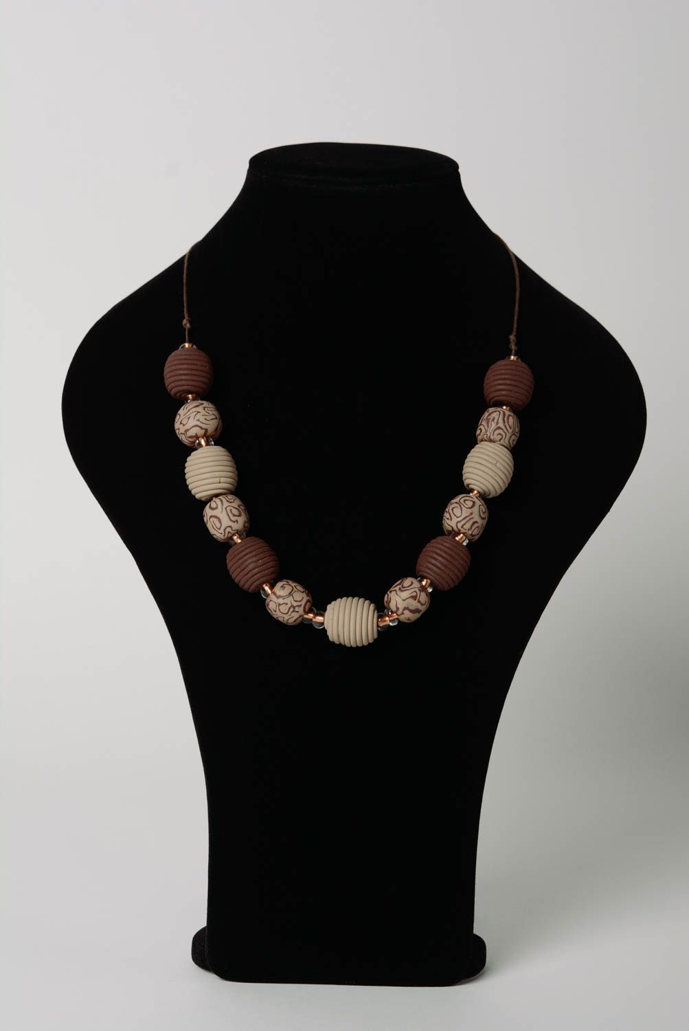 Handmade brown necklace made of polymer clay with large beads handmade on waxed cord photo 2