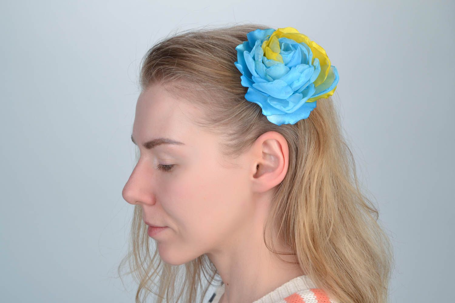 Beautiful women's handmade designer textile flower hair clip of blue and yellow colors photo 1