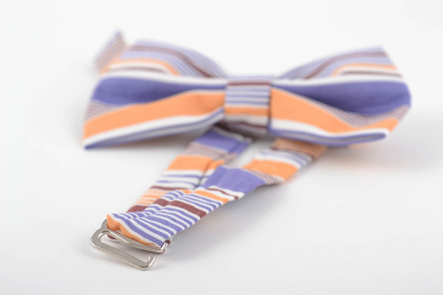 Unusual multicolored handmade designer striped fabric bow tie unisex photo 5