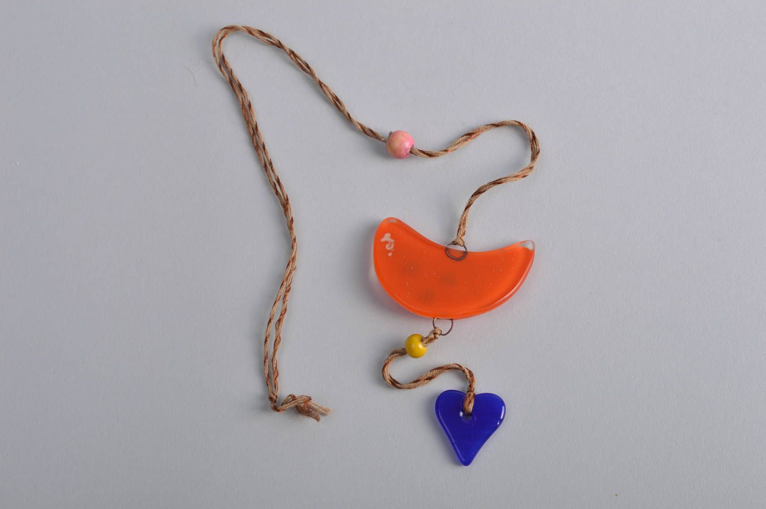 Stained homemade bright interior pendant in the shape of bird with heart photo 5