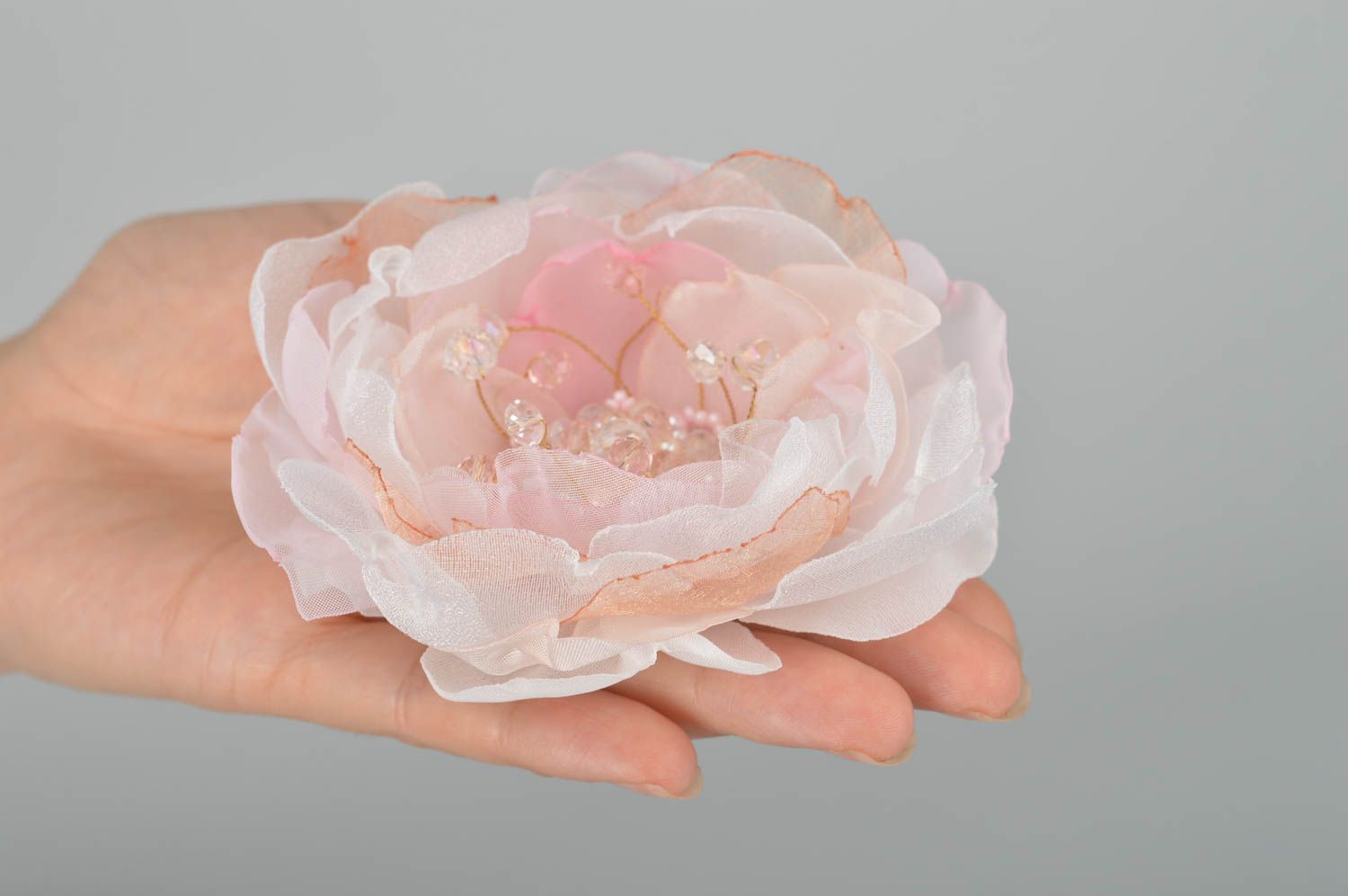 Broche Barrette fleur faite main rose en soie grande Cadeau pour femme photo 3
