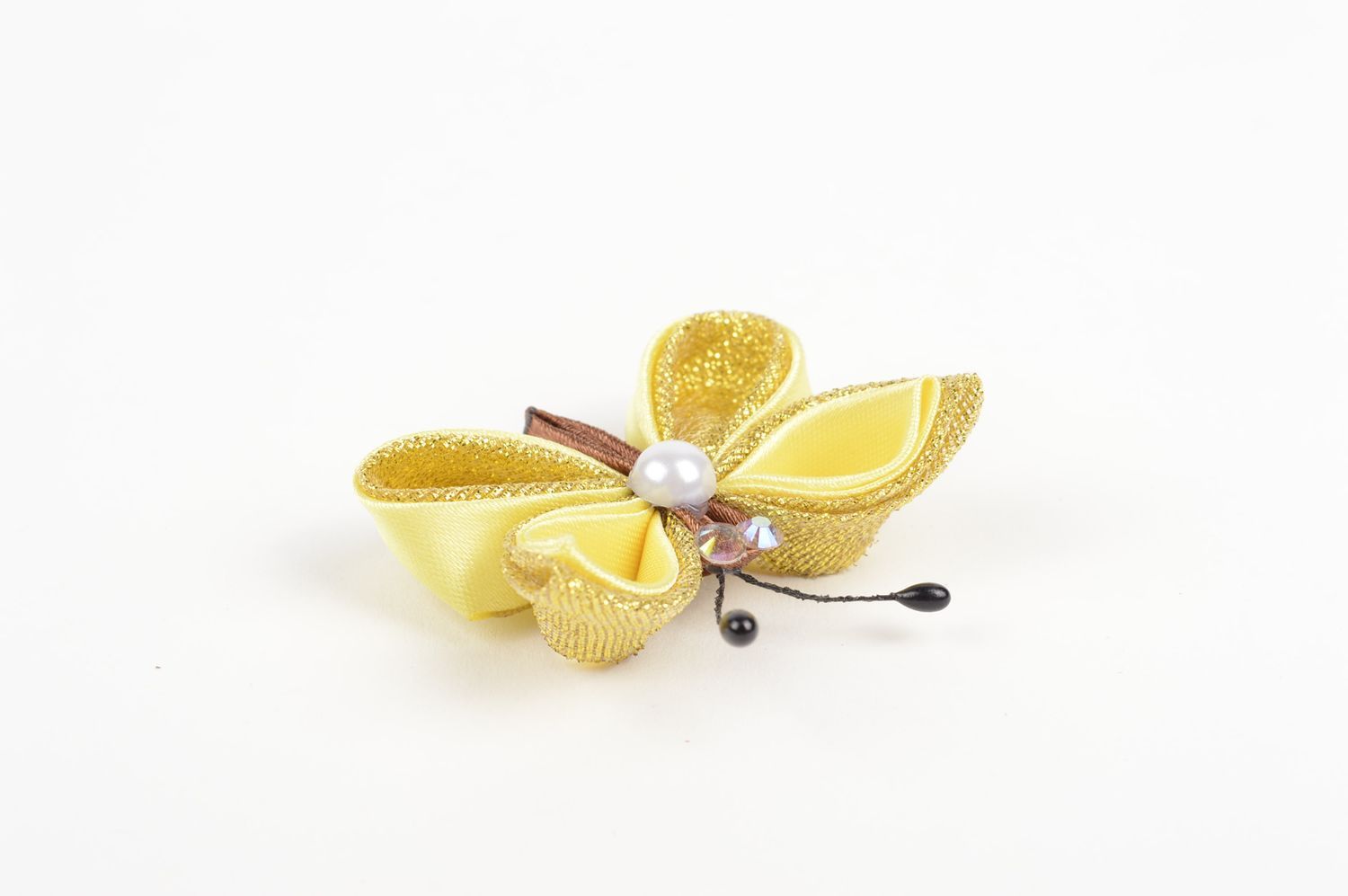 Детская резинка handmade аксессуар для волос резинка из лент Желтая бабочка фото 3