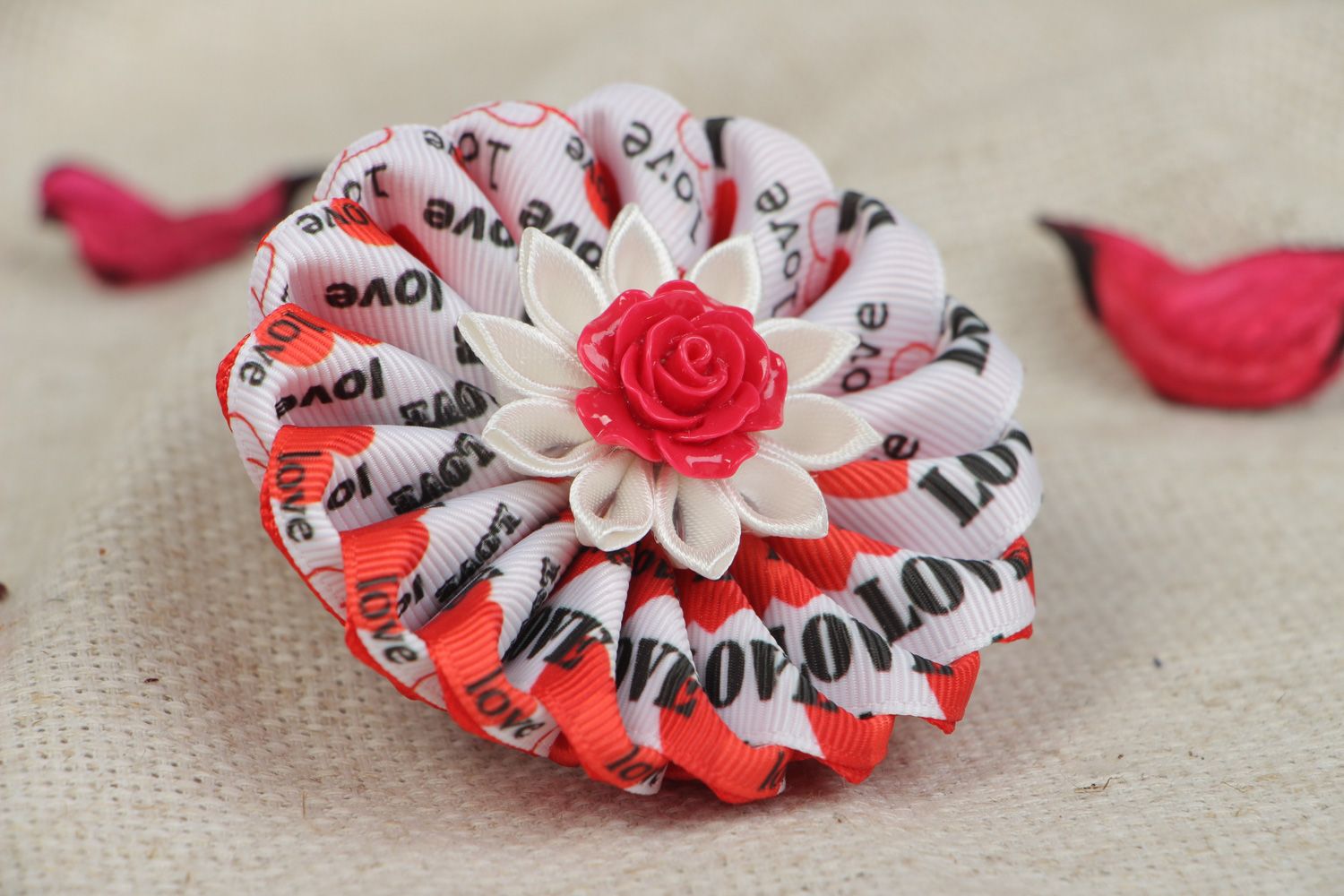 Festive handmade hair tie with satin and rep ribbons of red and white colors photo 5