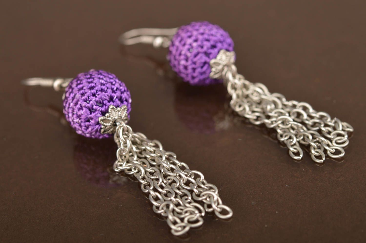 Beautiful homemade design long earrings with lilac crochet over beads and chains photo 2