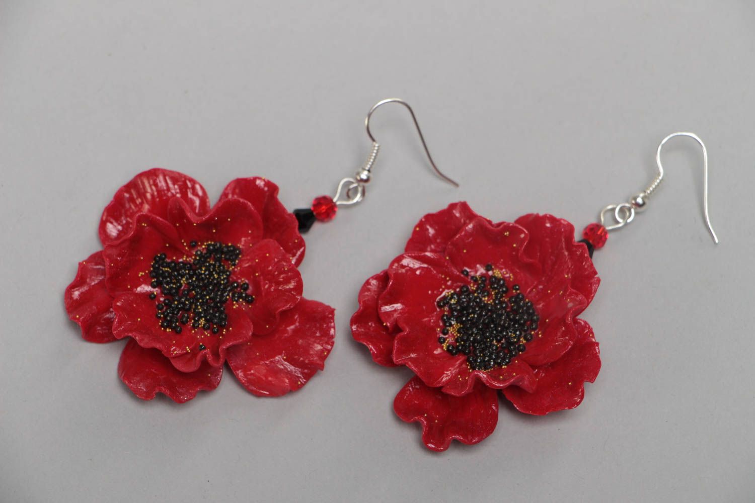 Red earrings made of polymer clay with flowers handmade elegant jewelry photo 2