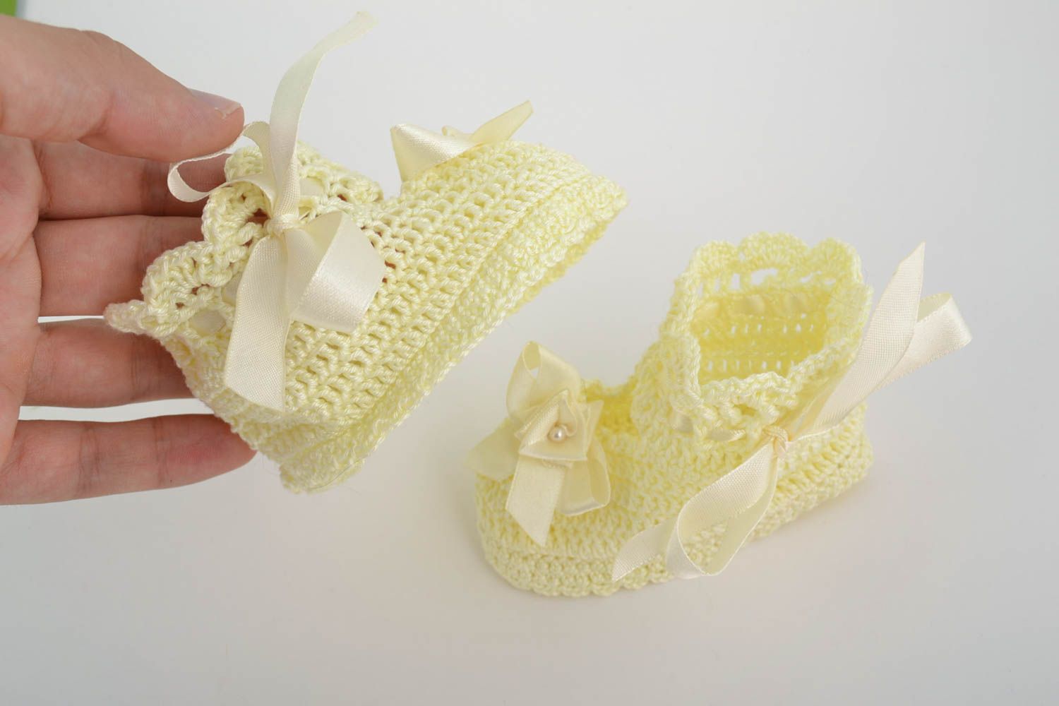 Beautiful handmade crocheted booties for baby girl with  satin ribbons photo 5