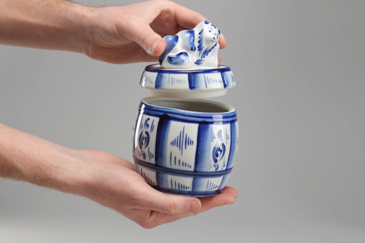 Petit pot à miel en céramique blanc et bleu peinture Gjel Ours sur couvercle photo 4