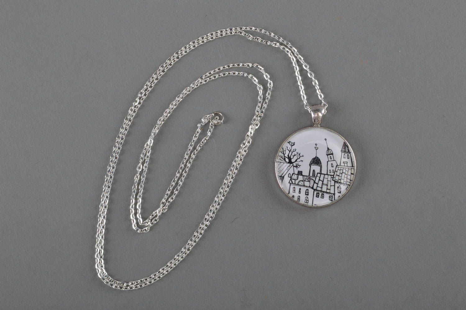 Handmade round decoupage pendant necklace with jewelry resin on metal chain photo 1
