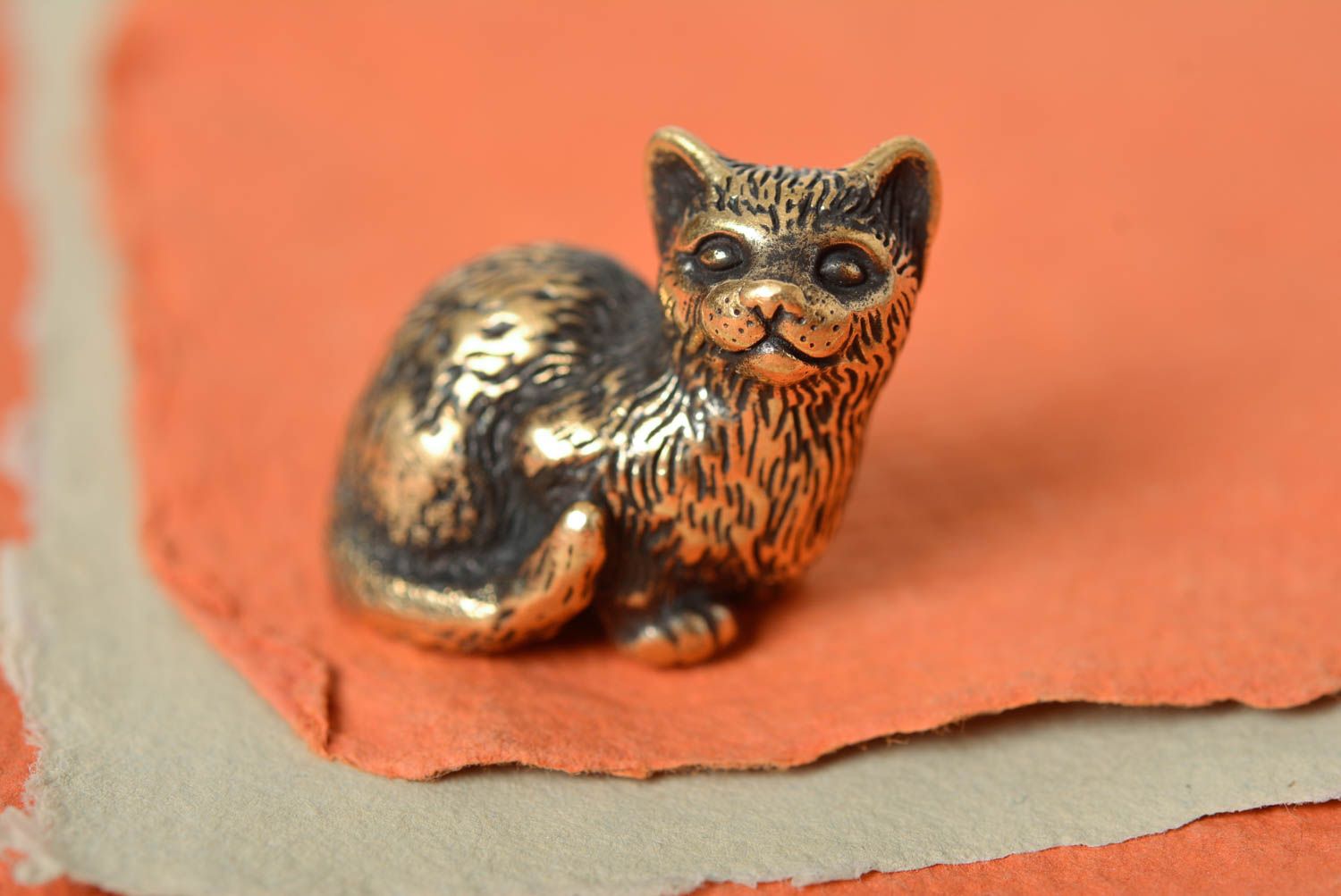 Unusual handmade miniature cast bronze statuette of cat for home decor photo 4