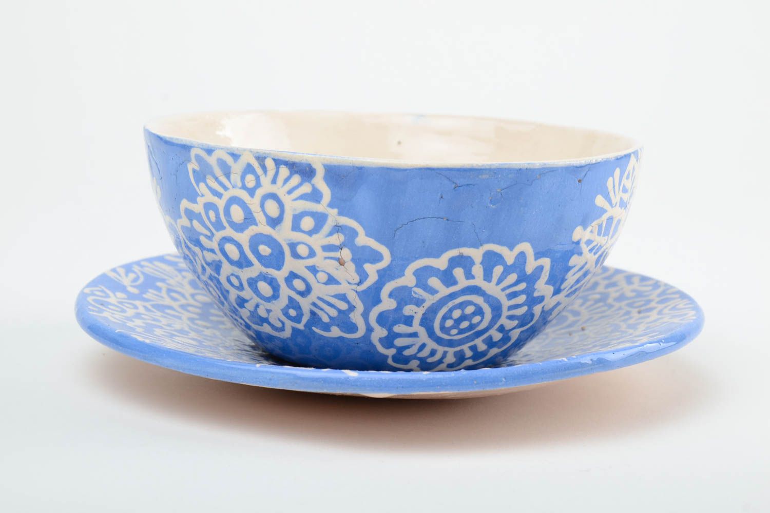 Handmade bowl with saucer for soup blue with white with patterns set of kitchen pottery photo 3