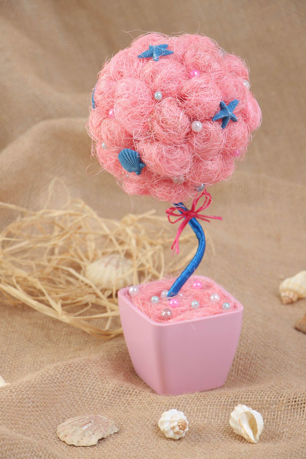 Arbre topiaire artificiel rose avec coquillages et perles fantaisie fait main photo 1