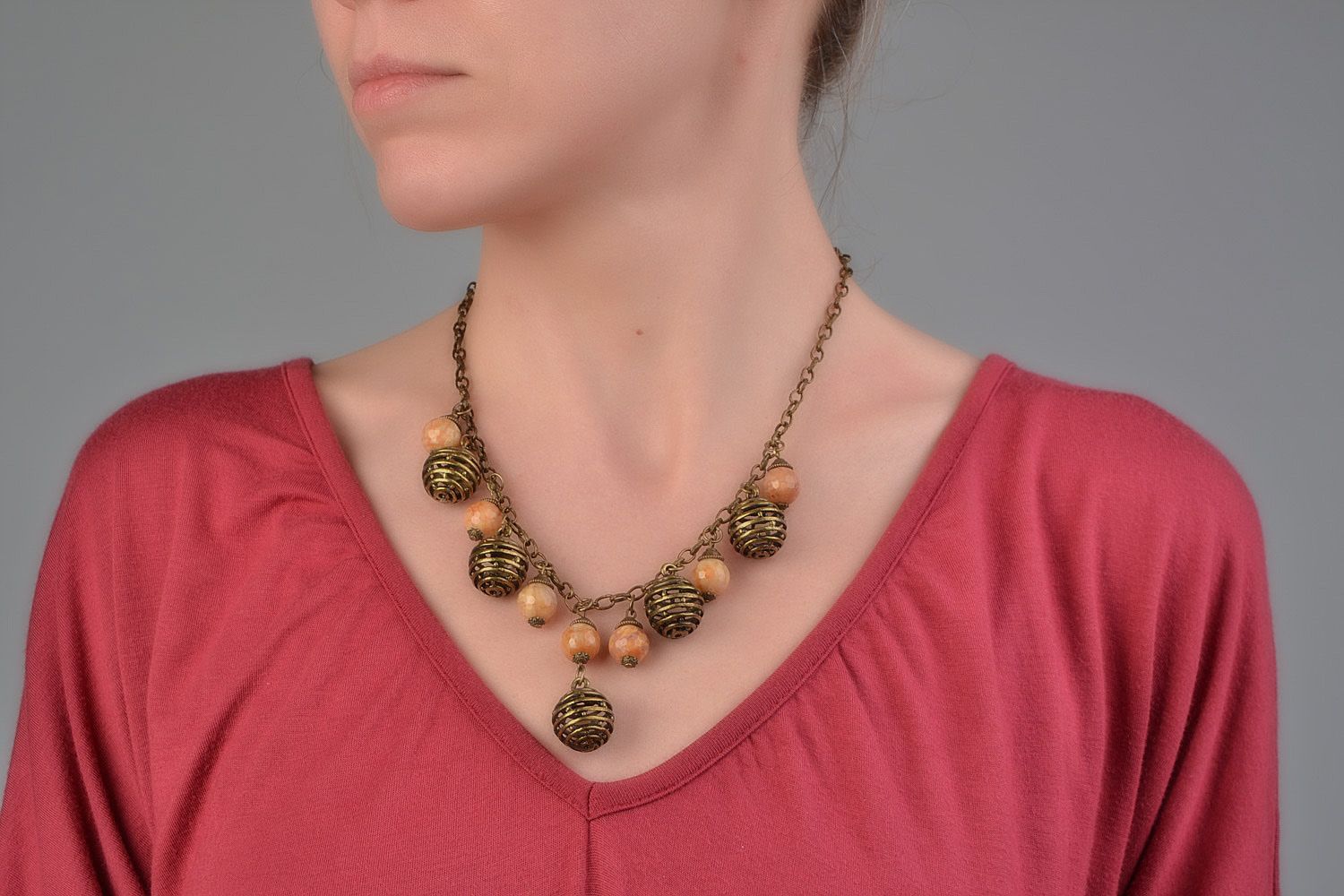 Handmade brown necklace with natural agate and metal beads on metal chain photo 1