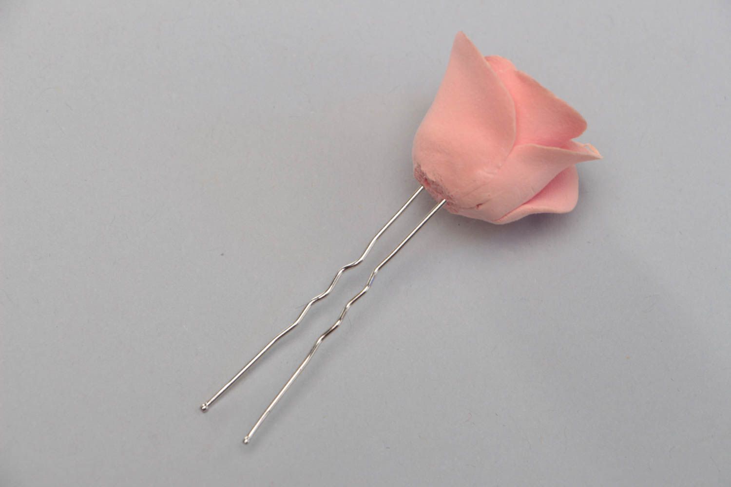 Handmade decorative hair pin with polymer clay rose flower of pink color photo 4