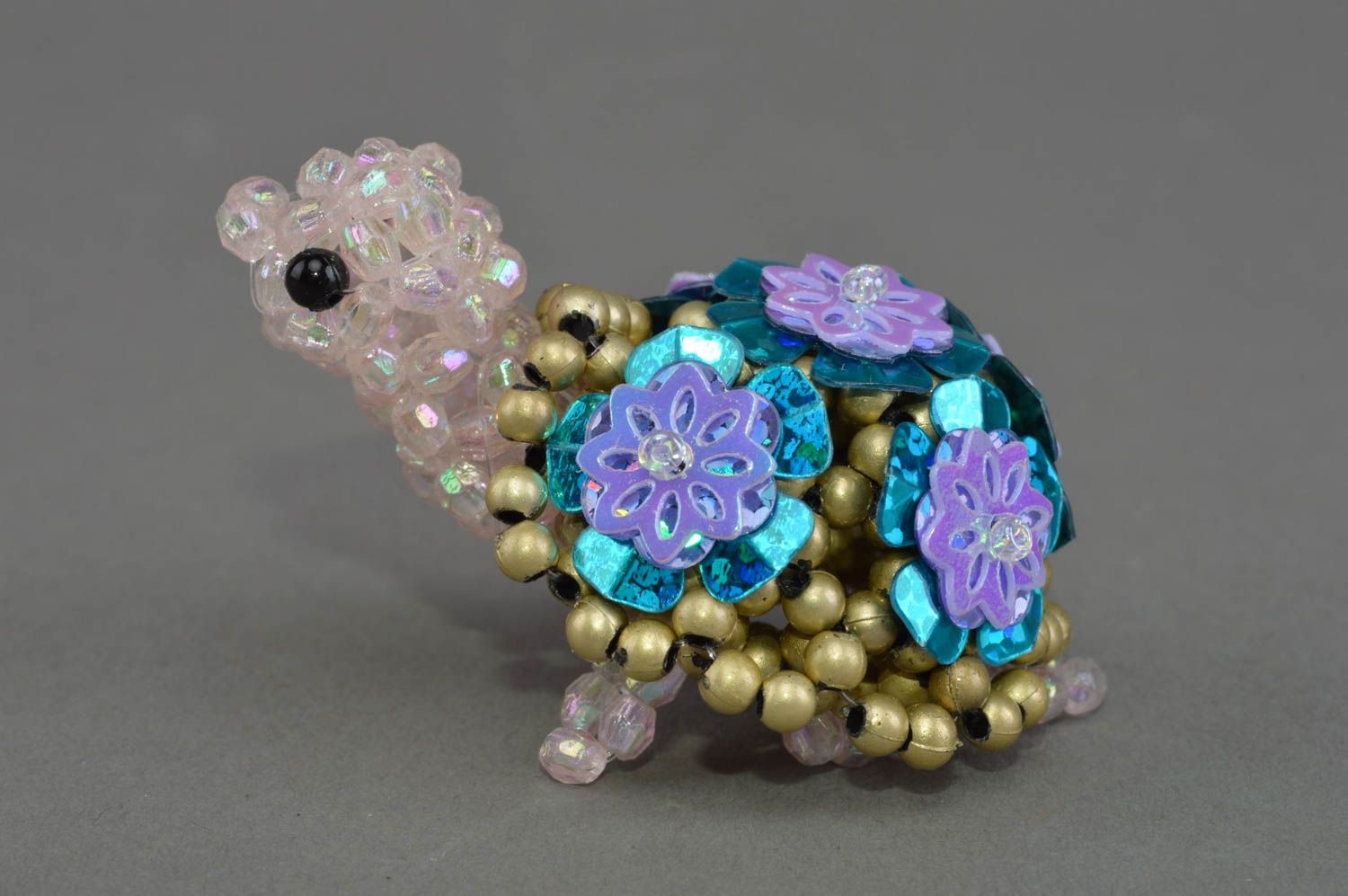Beautiful handmade designer woven bead interior figurine of gold color Turtle photo 2