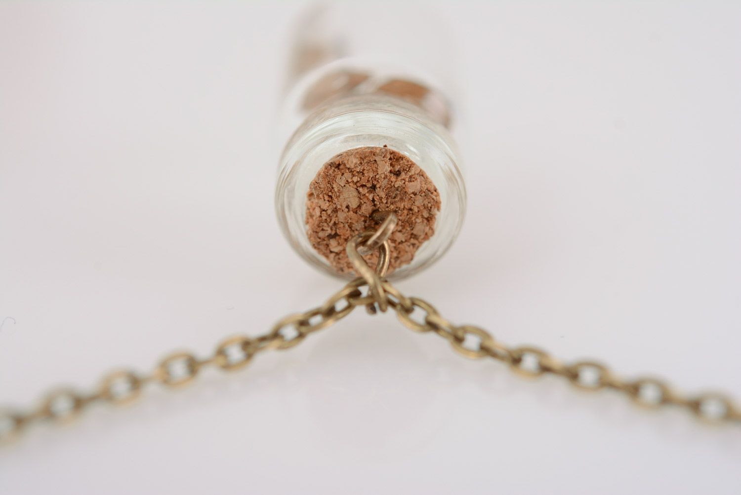 Small handmade glass vial with cork pendant with plant inside on metal chain photo 4