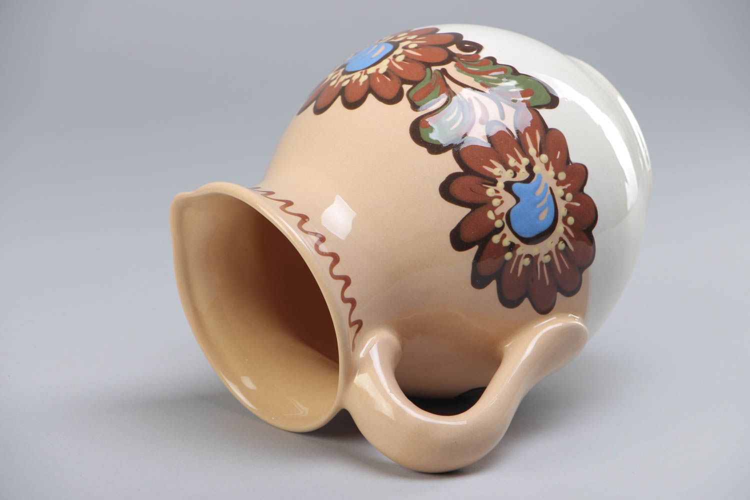 Large 60 oz ceramic porcelain glazed water jug with handle and floral design 1,77 lb photo 4