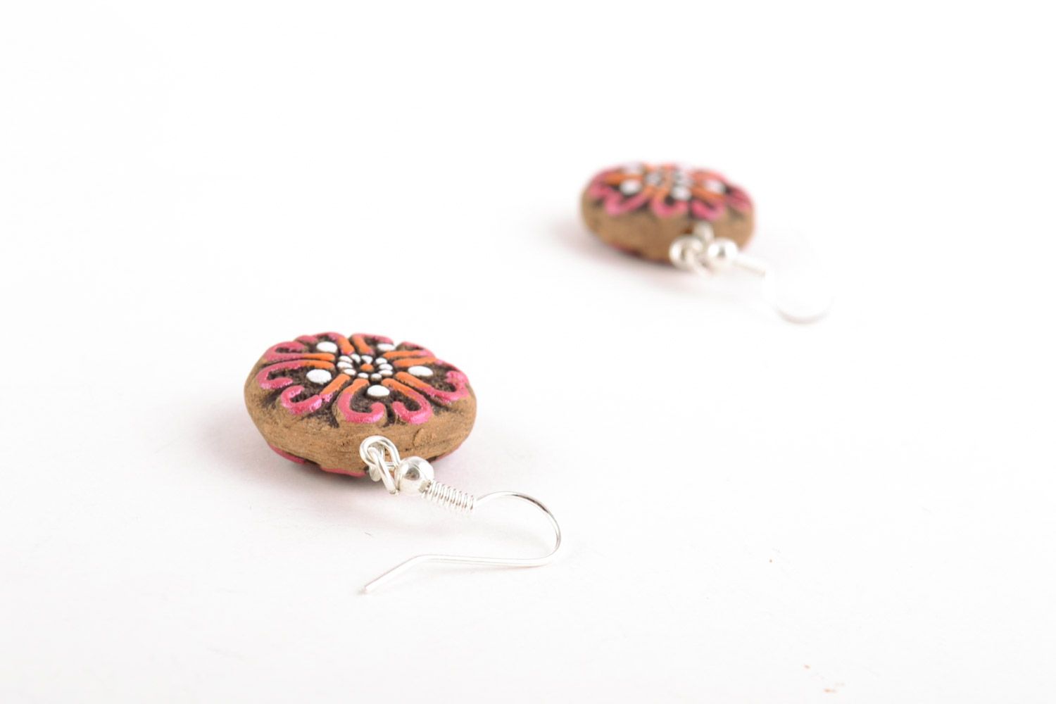 Small round dangling earrings molded of clay and painted with acrylics handmade photo 4