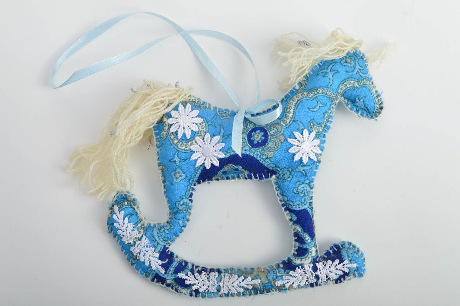 Handmade decorative wall hanging interior fabric soft toy blue rocking horse photo 2