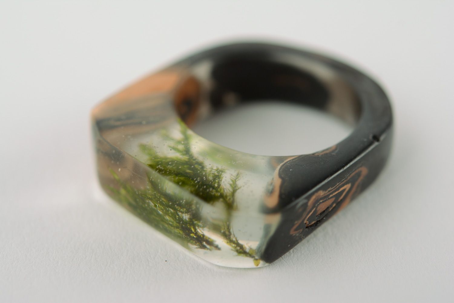 Unusual handmade botanical epoxy seal ring with natural moss photo 1