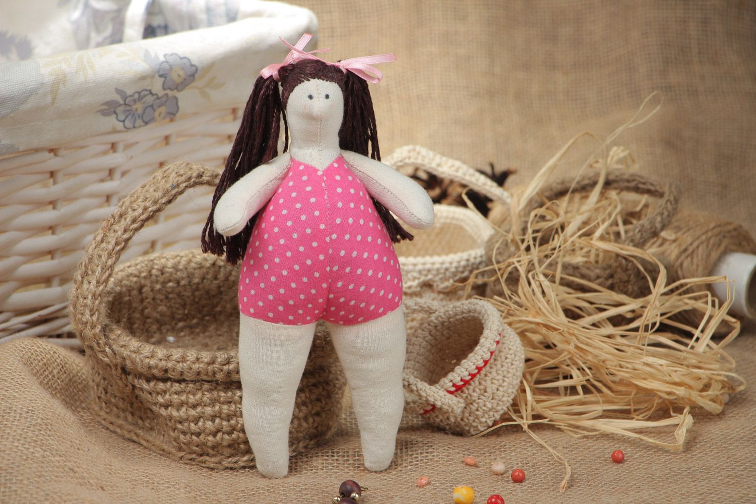 Handmade soft toy sewn of cotton and satin Cute Girl in pink swimming suit photo 1