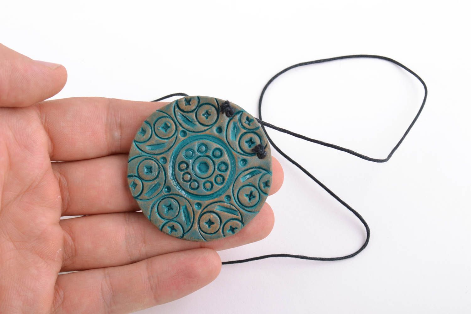 Clay pendant painted with acrylics handmade unusual round accessory for women photo 2