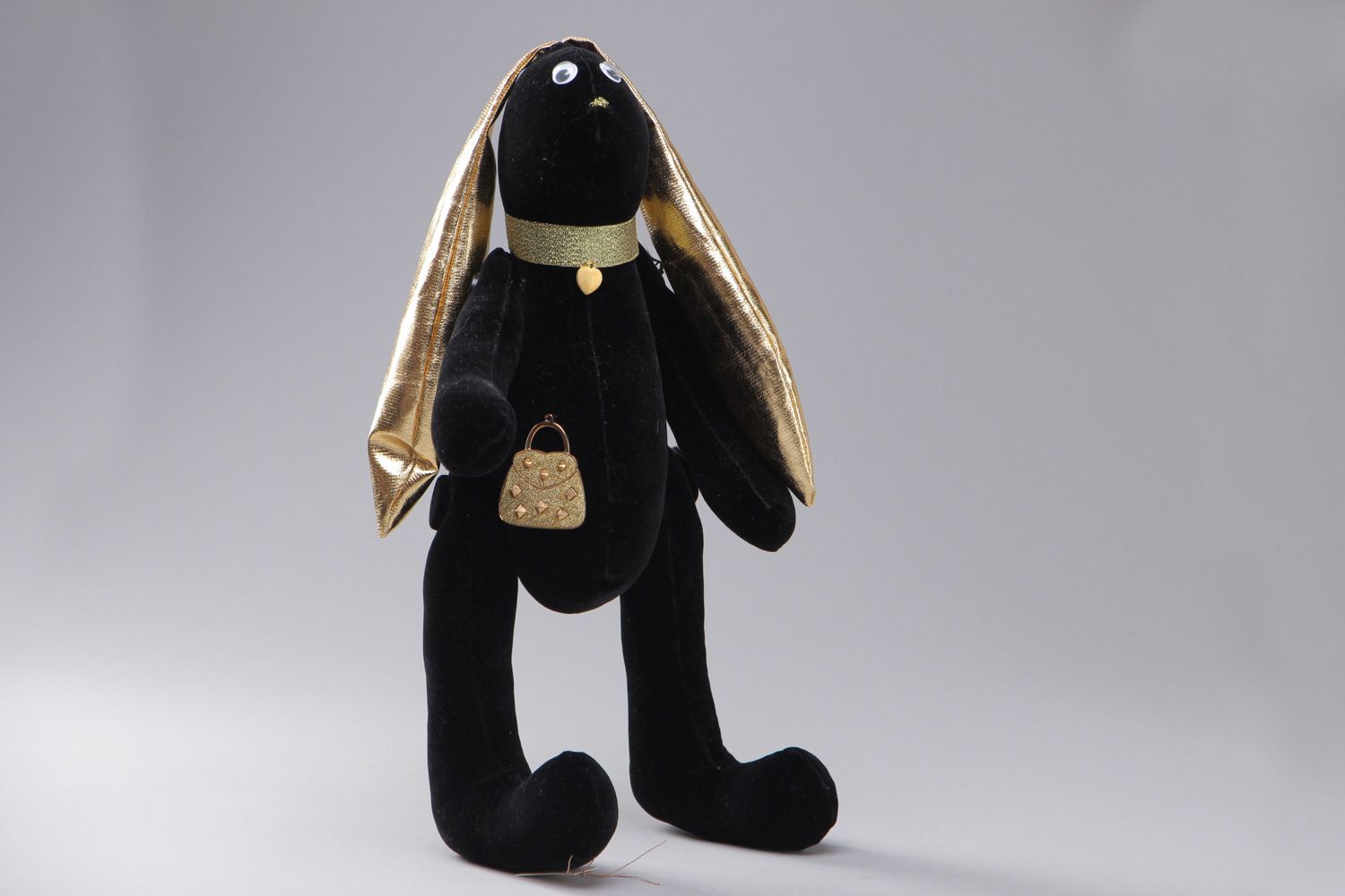 Handmade velour fabric soft toy long-eared hare of black and gold colors for children photo 1