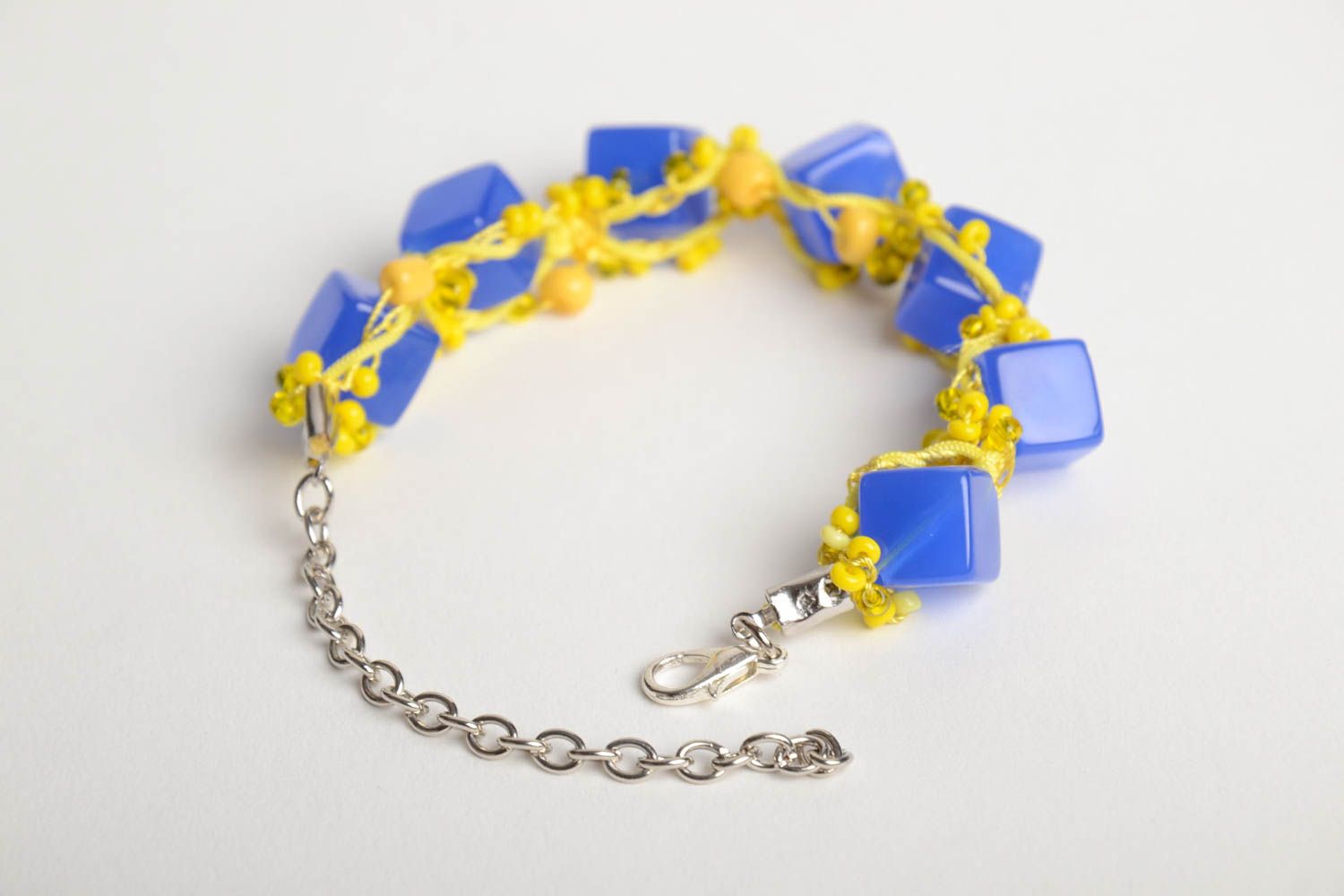 Handmade wrist bracelet crocheted of beads in yellow and blue color combination photo 4