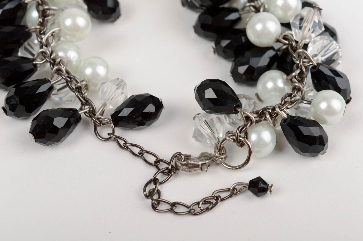 Handmade beautiful festive black and white wrist bracelet made of crystal beads  photo 3