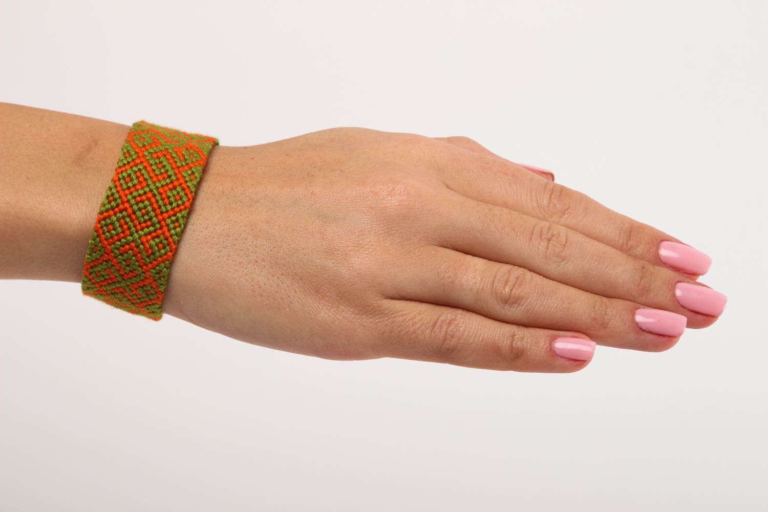 Bracelet textile Bijou fait main large tressé fils orange-vert Cadeau pour femme photo 5